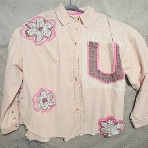 Oli & Hali Light Pink Womens' Button-Up Shacket with Lace & Floral Appliqué